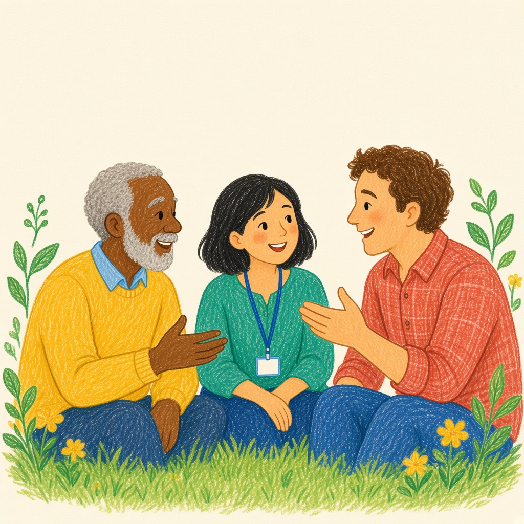 Ilustração de três adultos sentados na grama, conversando.