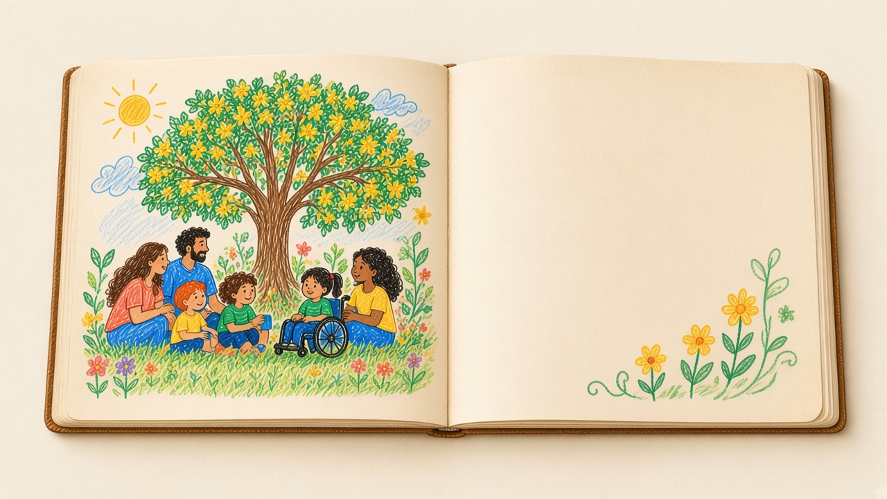 Caderno aberto com uma família sentada debaixo de uma árvore florida.