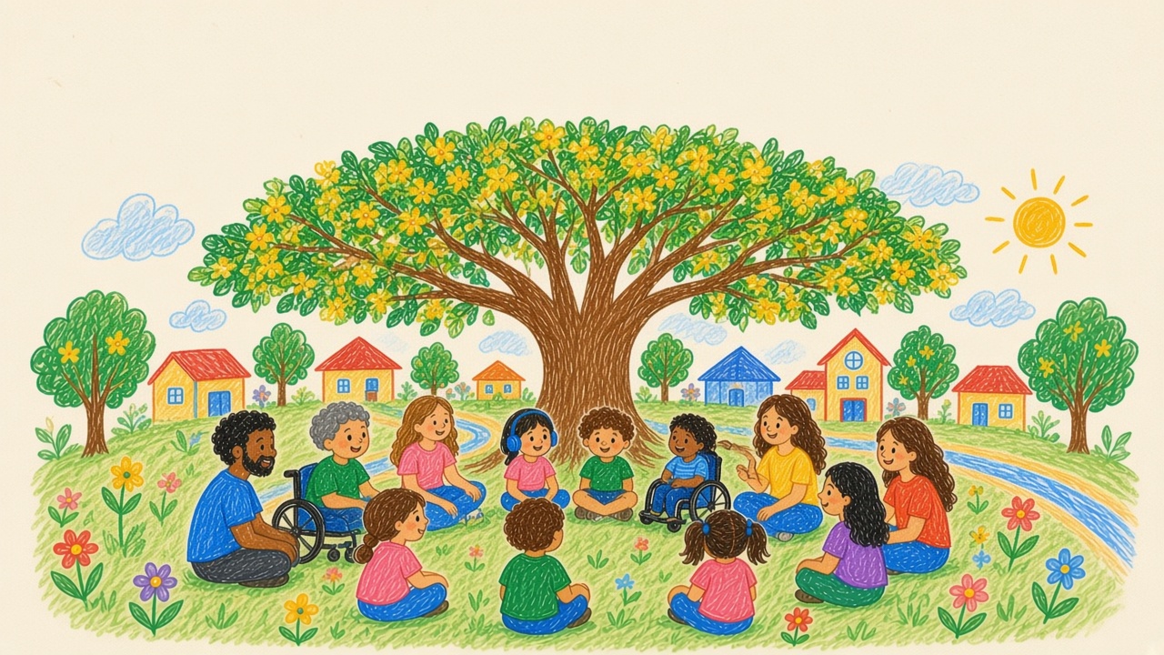 Ilustração de famílias e crianças reunidas debaixo de uma árvore florida, com casas ao fundo.