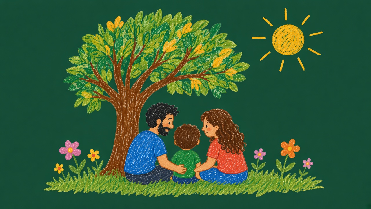 Ilustração de uma família sentada debaixo de uma árvore florida.