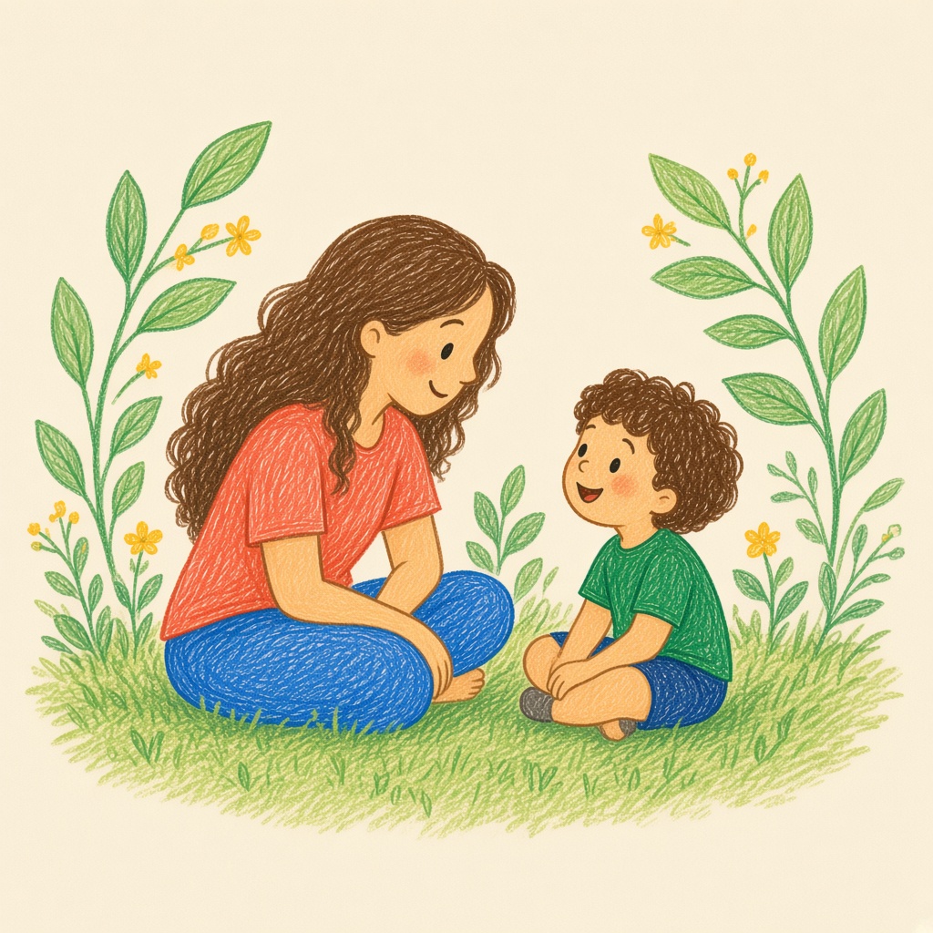 Ilustração de uma mulher sentada na grama, escutando uma criança.