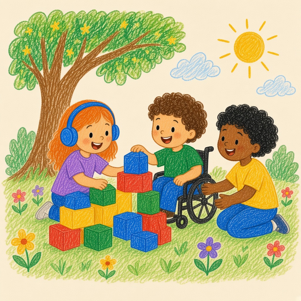 Ilustração de crianças brincando com blocos, uma delas em cadeira de rodas e outra de fone.