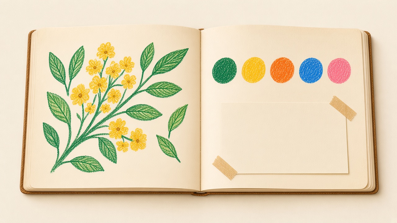 Caderno aberto com um ramo de flores amarelas e cinco círculos coloridos.