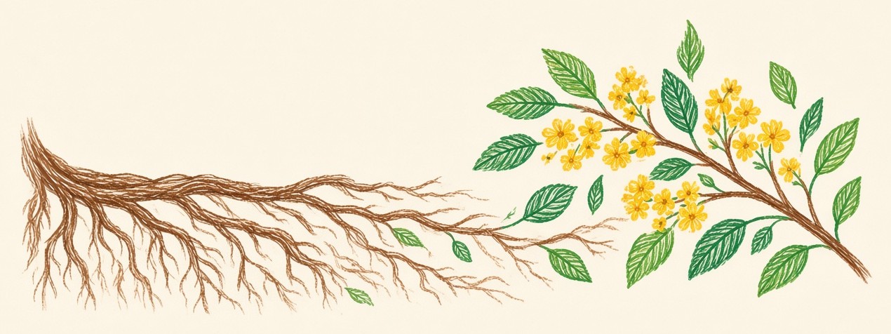 Ilustração de raízes que se abrem num ramo com folhas e flores amarelas.