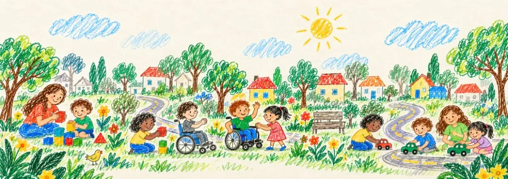 Bairro desenhado a lápis de cor: famílias e crianças brincam juntas, e uma criança está em cadeira de rodas.