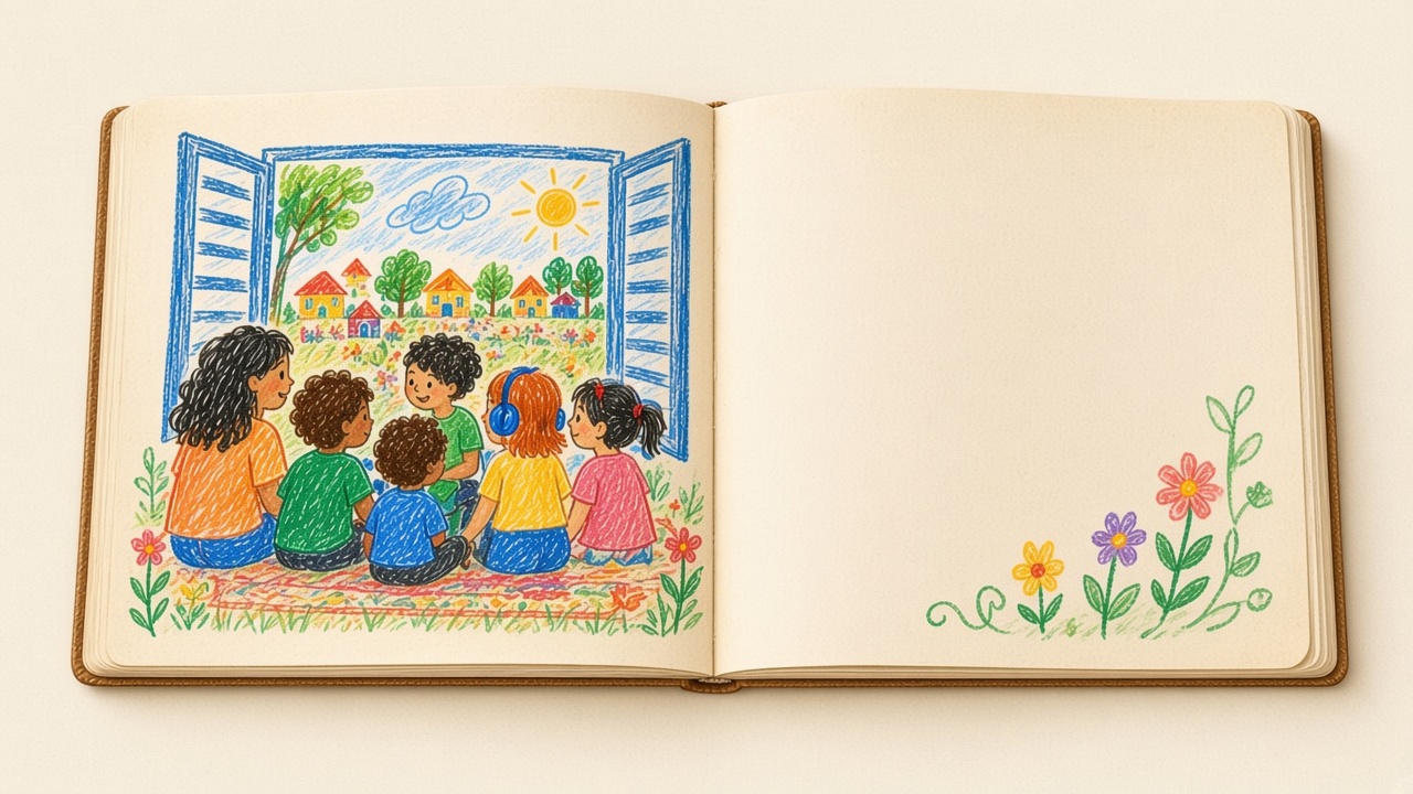 Caderno aberto com uma ilustração de crianças olhando a vizinhança pela janela.