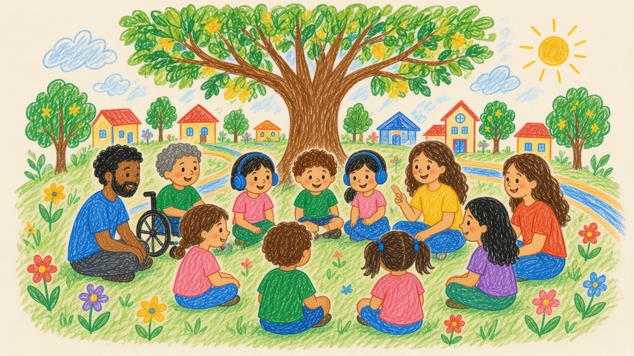 Ilustração de famílias e crianças sentadas em roda debaixo de uma árvore, com casas ao fundo.