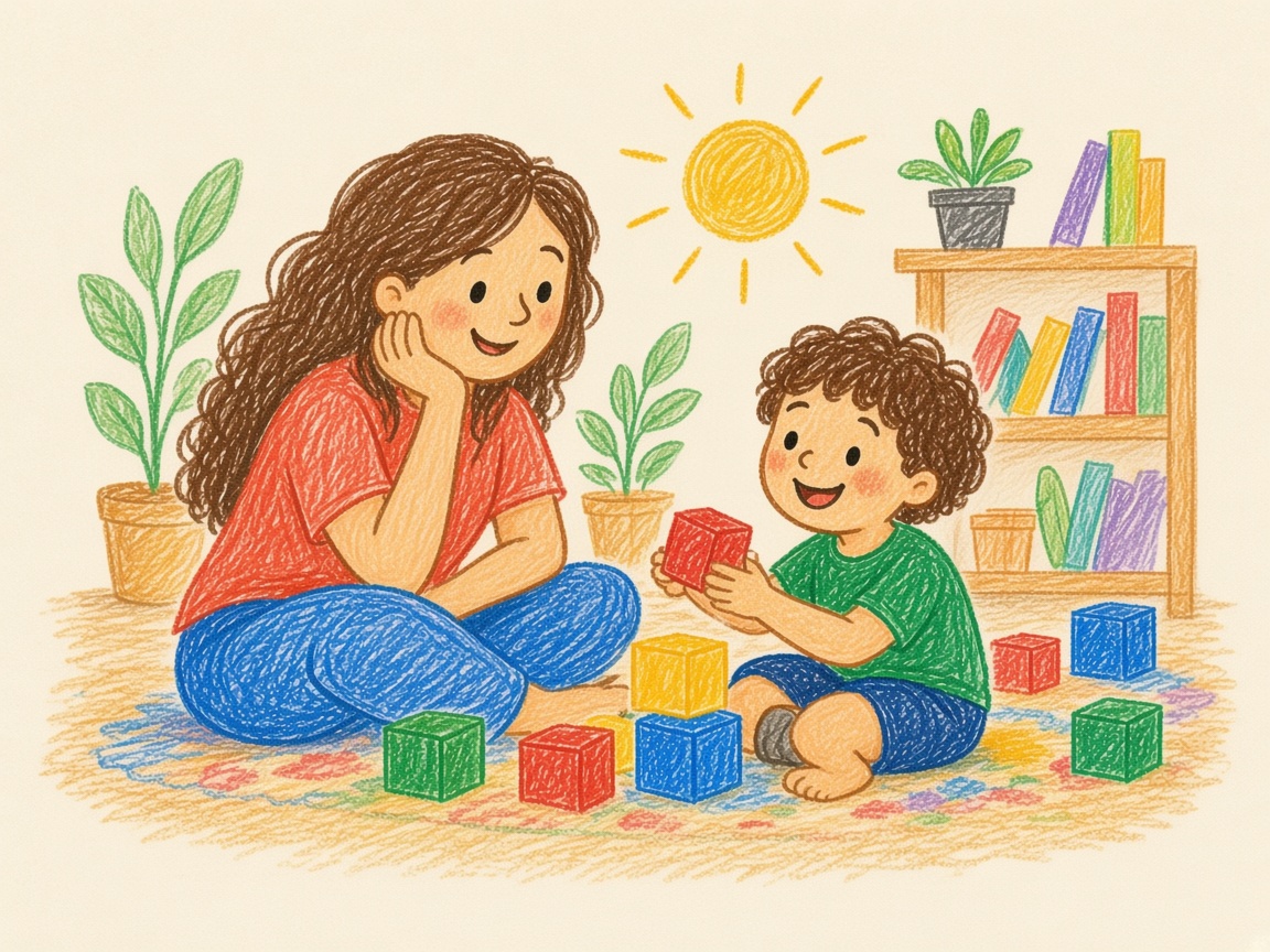 Ilustração de uma mulher e uma criança sentadas no chão, brincando com blocos coloridos.