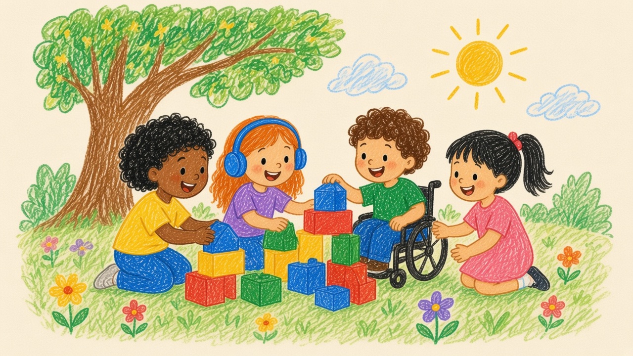 Ilustração de quatro crianças brincando juntas com blocos, uma delas em cadeira de rodas e outra de fone.