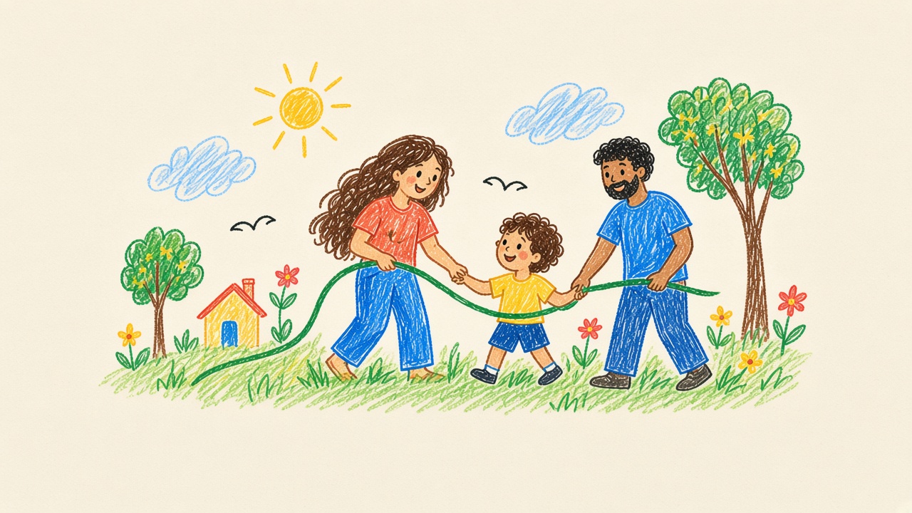 Ilustração de uma mulher, uma criança e um homem caminhando na grama, unidos por um fio verde.