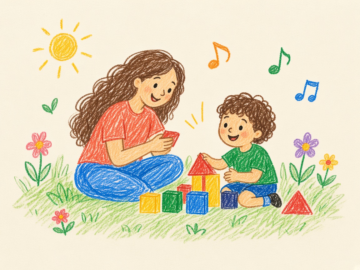 Ilustração de uma adulta e uma criança sentadas na grama, brincando com blocos coloridos.