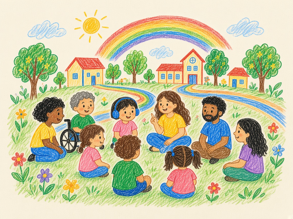 Ilustração de famílias e crianças sentadas em roda num caminho entre casas, com um arco-íris ao fundo.