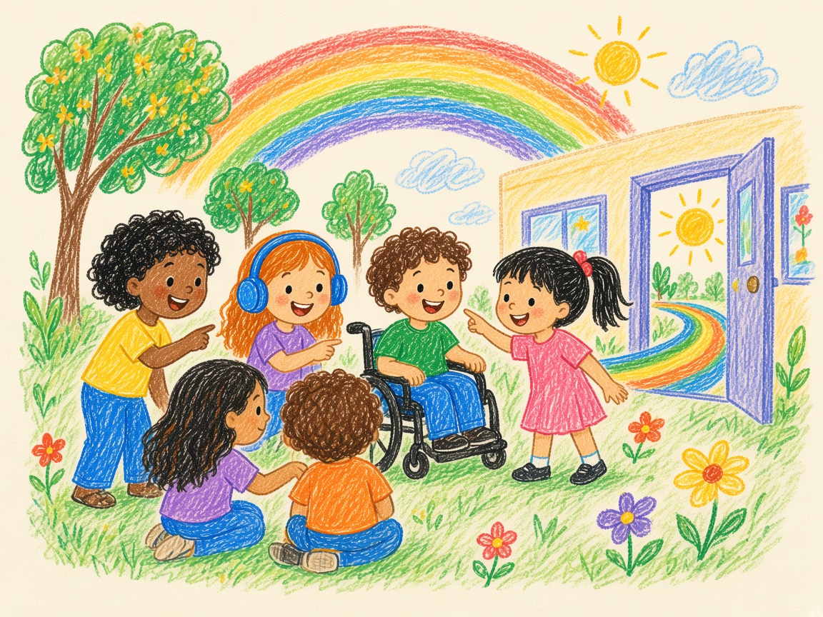 Ilustração de crianças juntas ao ar livre. Uma está em cadeira de rodas e outra usa fone de ouvido, diante de um arco-íris e uma porta aberta.