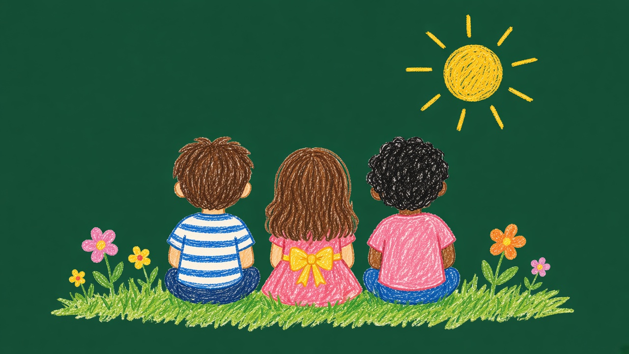 Ilustração de três crianças sentadas na grama, de costas, olhando o sol.